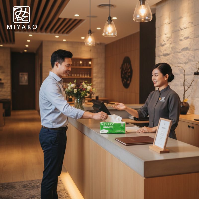 Tạo ấn tượng gọn gàng sạch sẽ tại quầy lễ tân với túi khăn giấy rút Miyako.jpg